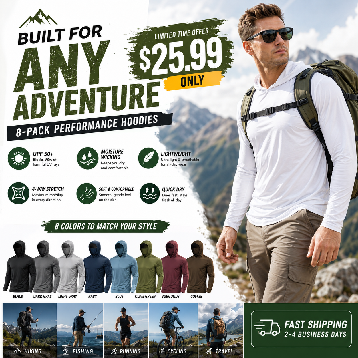 Men's UPF 50+ Long-Sleeve Sun-Protection Hoodie (with Sleeve Pocket and Face Mask)